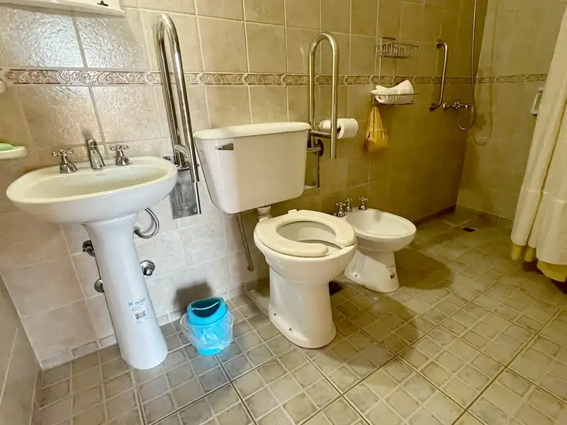 Baño con barrales y silla regulable para ducha
